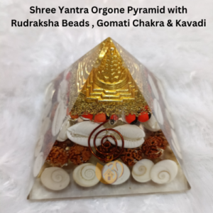 Shree Yantra Orgone Pyramid with Rudraksha Beads , Gomati Chakra & Kavadi